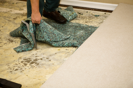 person pulling carpet pad up that is wet and damaged by flooding